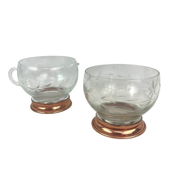 Etched Glass and Copper Base Vintage Glass Creamer and Sugar Bowl Set With Coppe - Picture 6 of 8